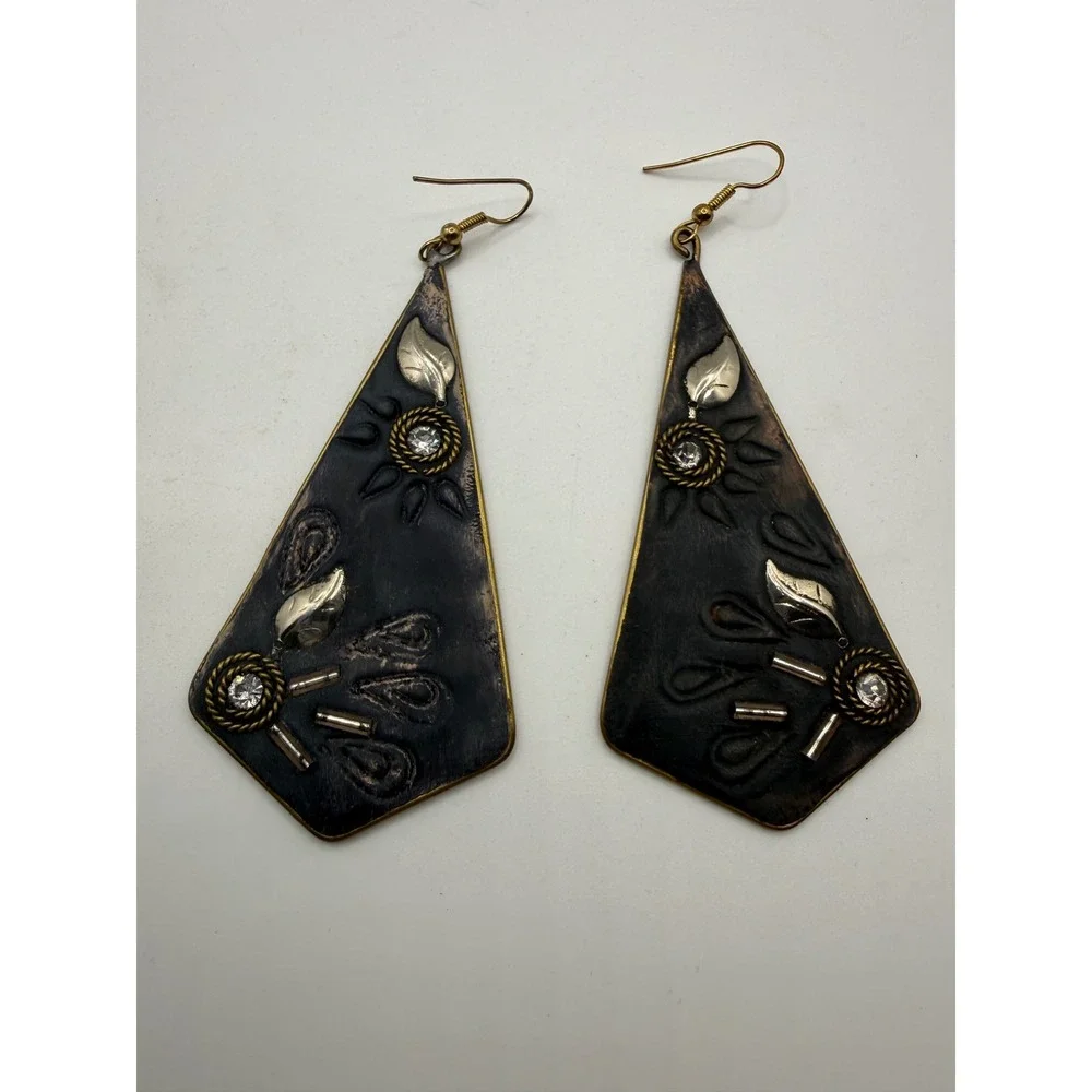 Vintage Artisan Mixed Metal Geometric Kite Drop‎ Earrings Leaf Statement